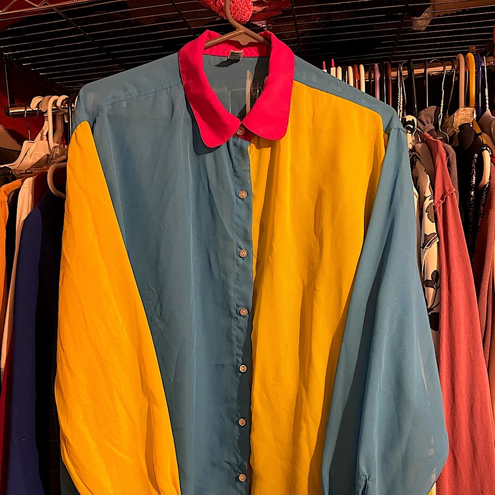 AMERICAN APPAREL Poly sheer 1 size shirt Yellow turquoise & pink white buttons